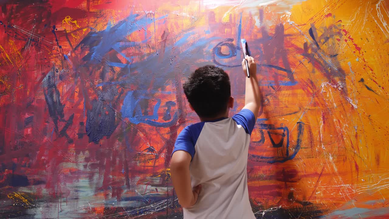 Child Painting on a Large Abstract Wall Art