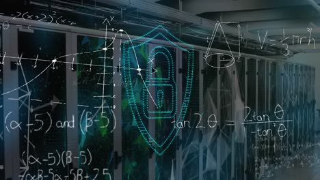 Animation-of-security-padlock-and-mathematical-equations-against-plexus-networks-over-server-room