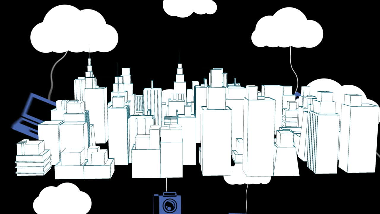 검은 바탕에 3d 도시 풍경 그림 위에 디지털 구름과 아이콘의 애니메이션