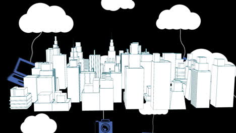 animación de nubes digitales e iconos sobre dibujo de paisaje urbano en 3d sobre fondo negro