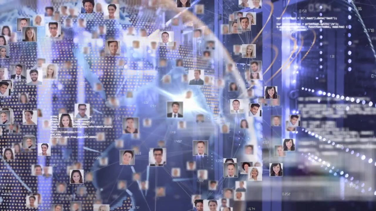Animation of globe and people icons over server room