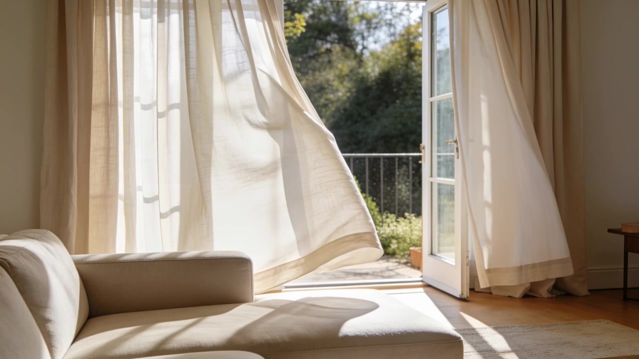 Tenda velata beige che ondeggia per una leggera brezza alla porta finestra in soggiorno, rivelando un balcone