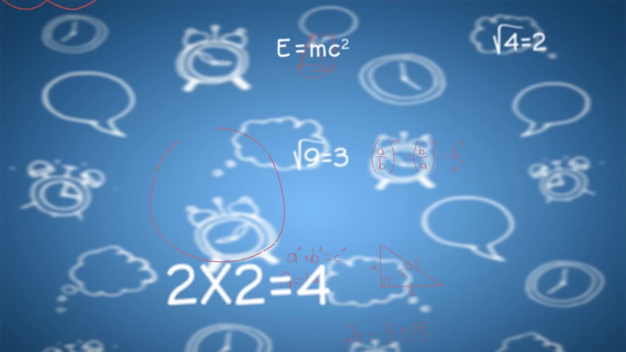 animación de ecuaciones matemáticas sobre iconos escolares en fondo azul