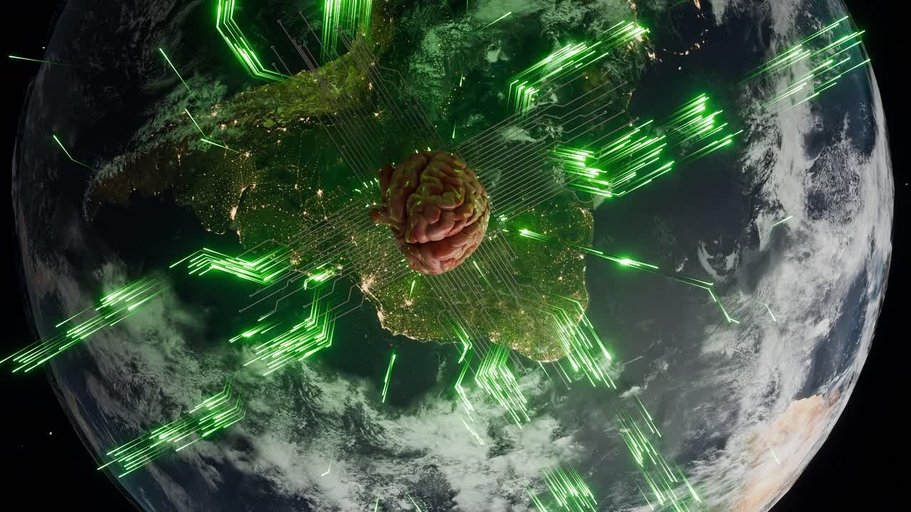 Planet Earth showing South America from space with human brain and green digital network lines. Artificial intelligence and technological evolution concept for poster and wallpaper. vertical