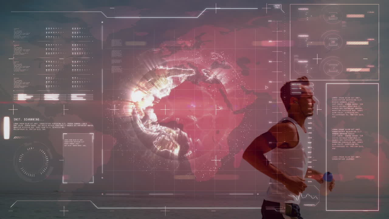 Animation of digital screen with data over caucasian male runner