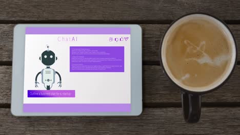 animación de la tableta con icono de chatbot ai y procesamiento de datos