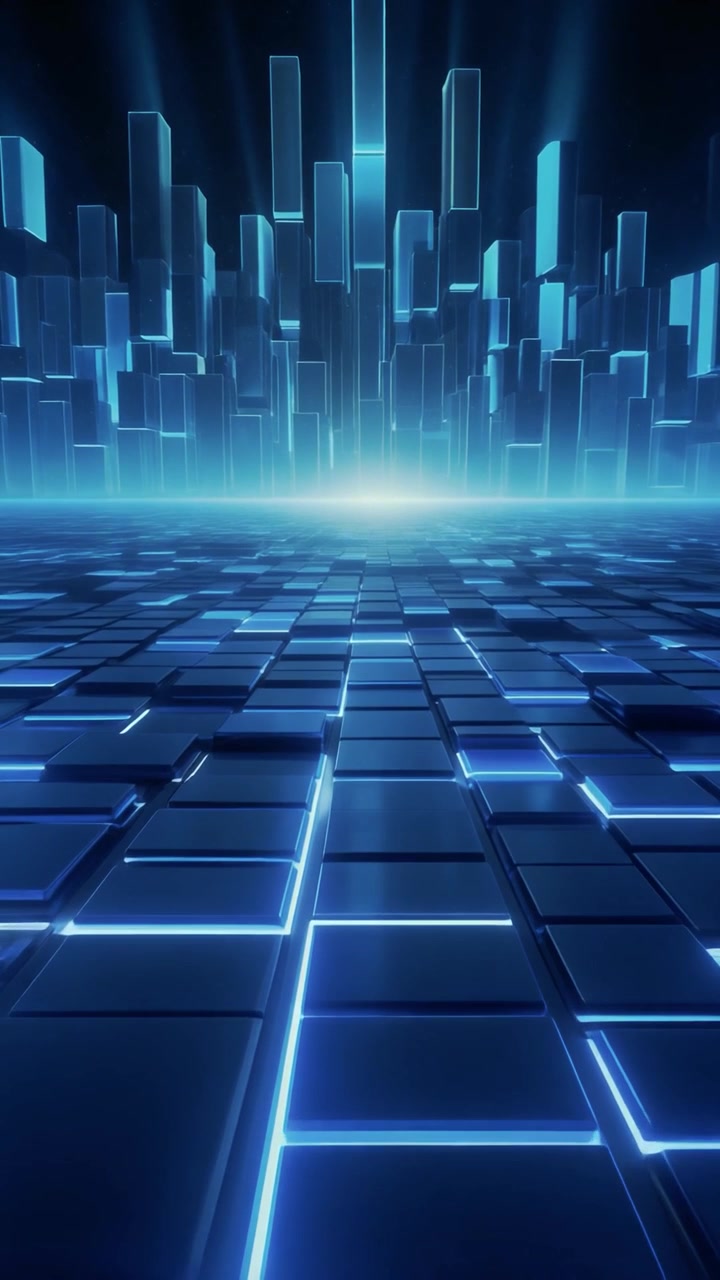 Futuristic Abstract Cityscape with Glowing Blue Geometric Structures
