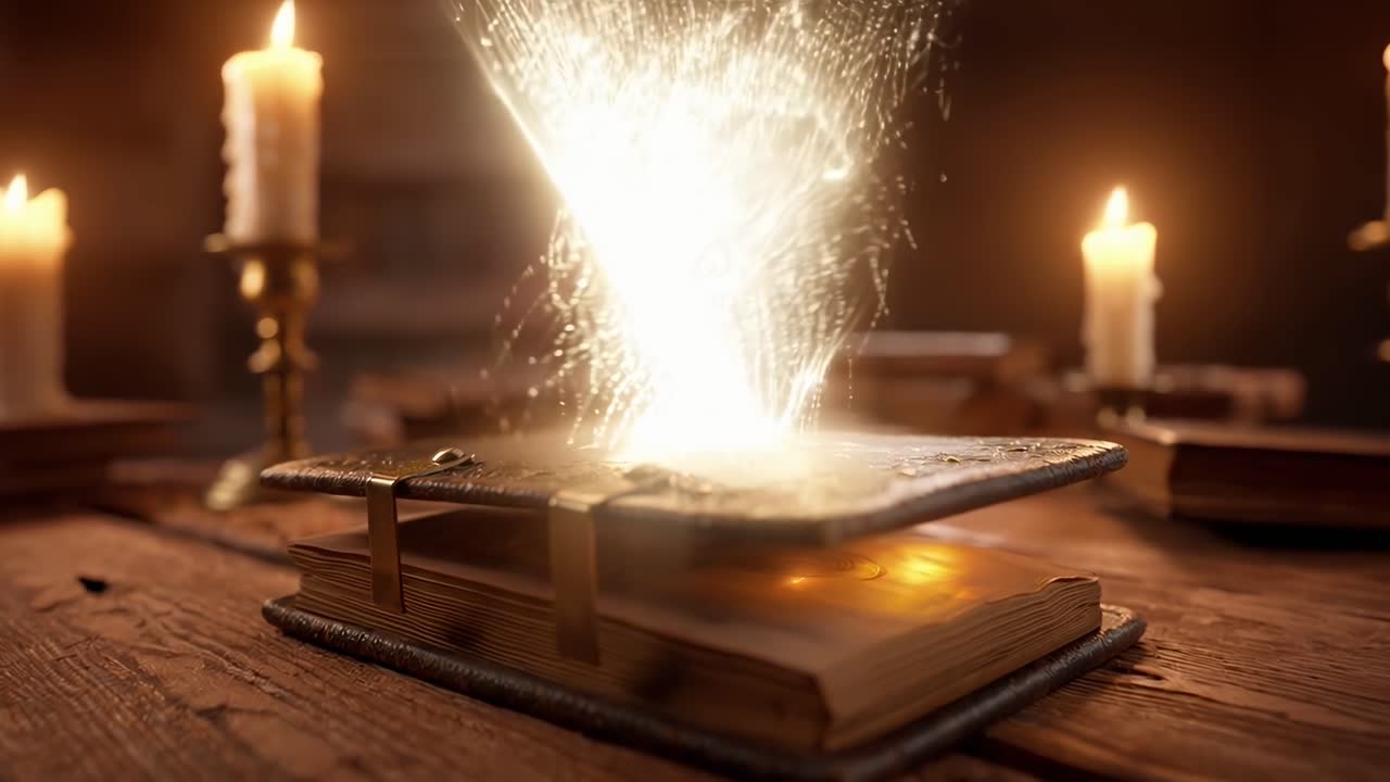 Buku ajaib di meja kayu dengan lilin menyala, pengambilan gambar sudut rendah, gaya video sinematik.