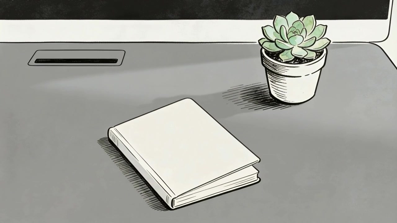 Luce mutevole che si sposta sul tappetino da scrivania, con un quaderno chiuso posizionato a sinistra vicino a una pianta succulenta, un monitor e una bocchetta di ventilazione.