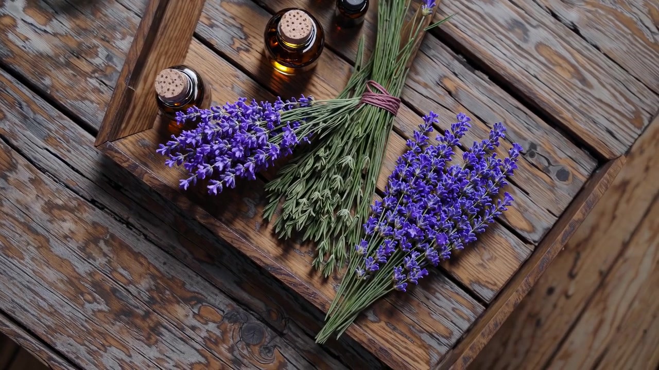 Bottiglie di olio essenziale di lavanda e fiori freschi su un tavolo di legno rustico.