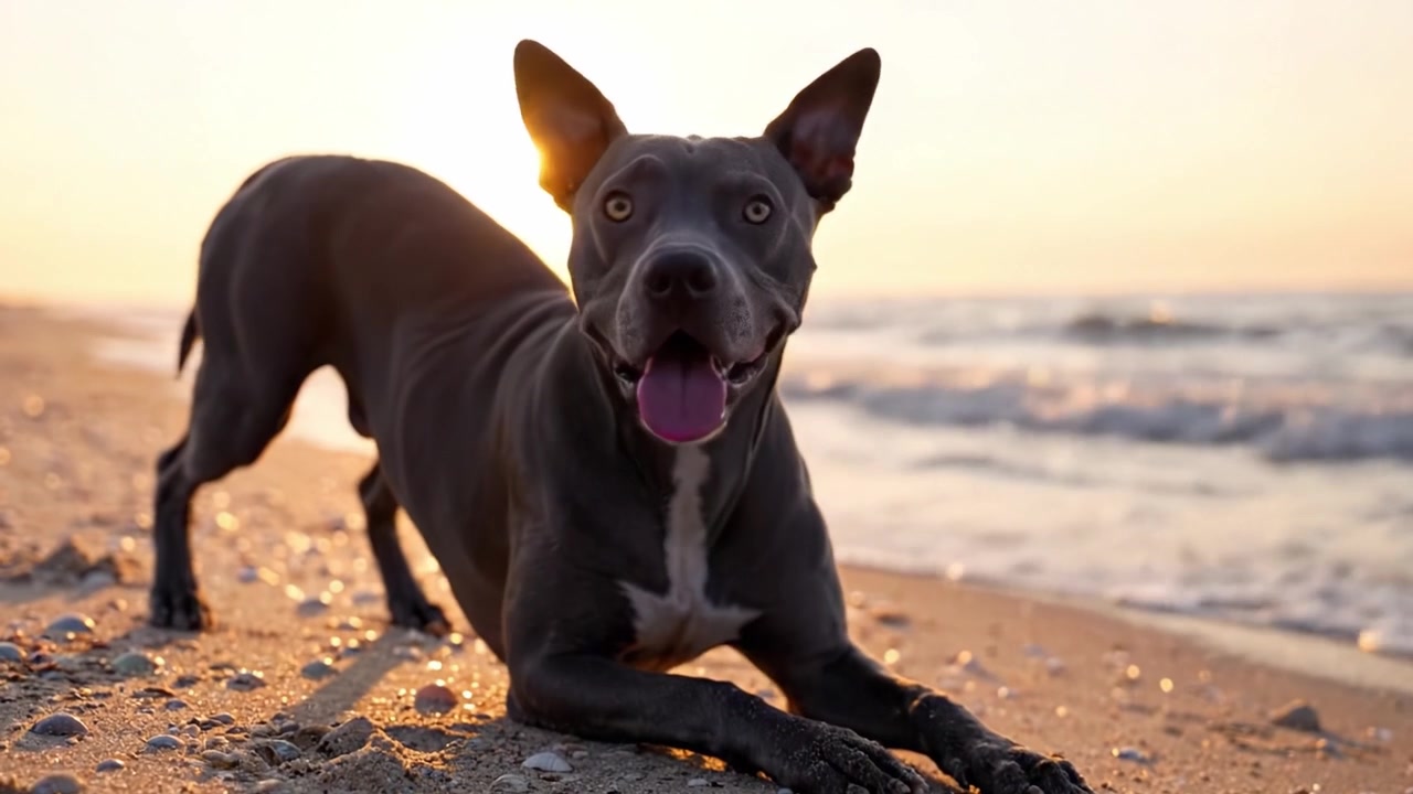 Un cane giocoso si gode la serenità del tramonto sulla spiaggia, scavando nella sabbia ed esplorando pozze di marea, momenti accattivanti in riva al mare