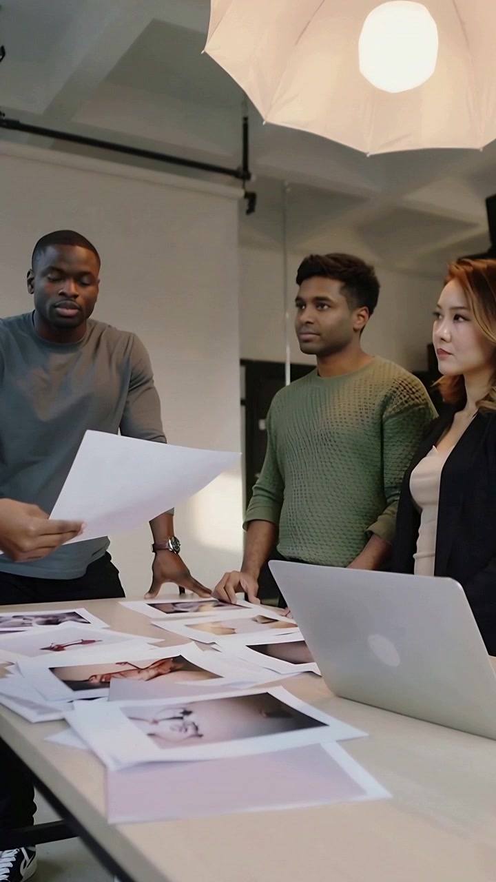 Vertikal video: Hånd kommer ind fra venstre, team på tre sorterer print ved studiebord, bærbar computer, gennemgår