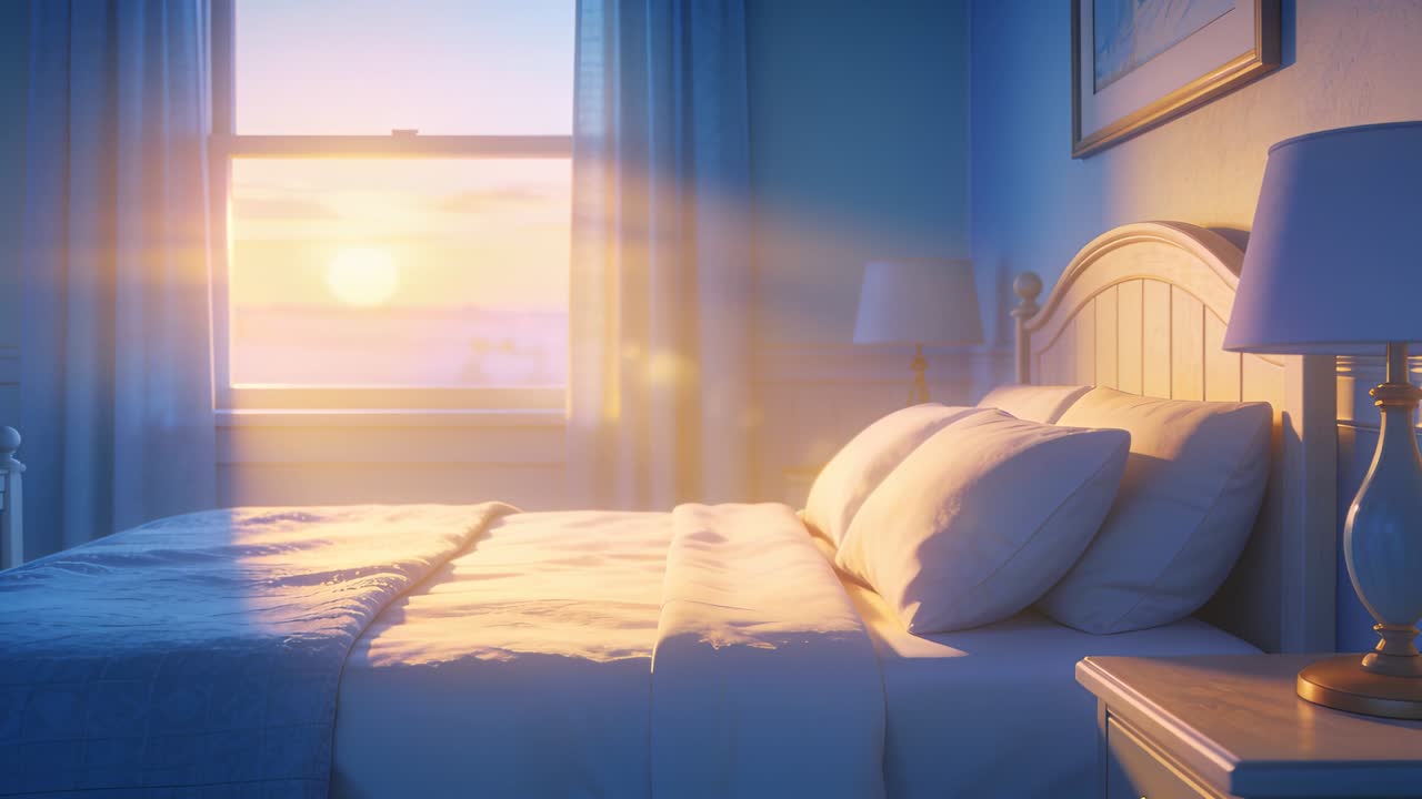 Sole nascente che irradia luce muovendosi sul letto, attraverso la finestra della camera da letto, illuminando cuscini, piumone e un bagliore.