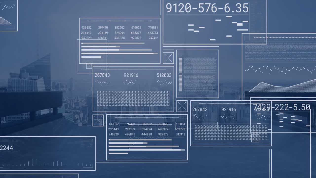 Animation of data processing, cityscape and screens