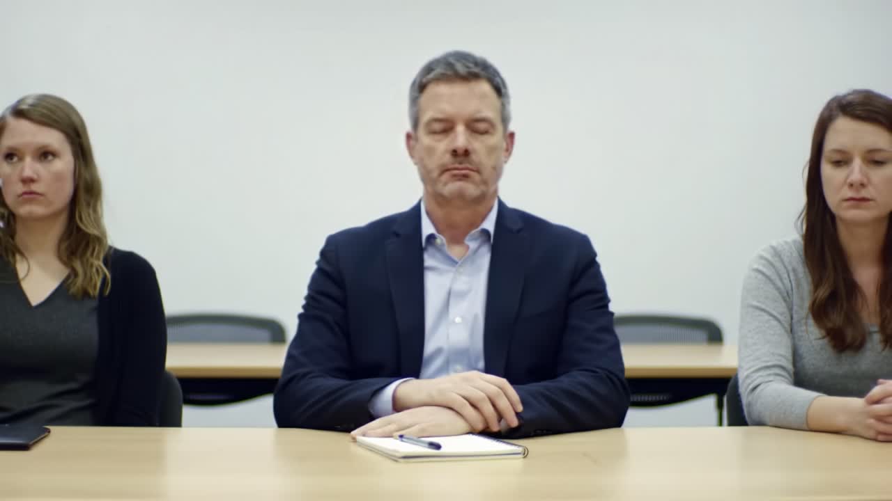 A group of professionals sits at a long table, with one person preparing materials in the background. The atmosphere feels focused as they engage in strategic discussions.