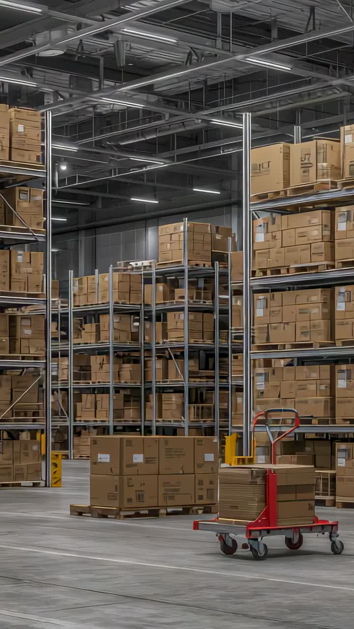 Vertical video: Moving red pallet truck carrying boxes down warehouse aisle, with shelving racks