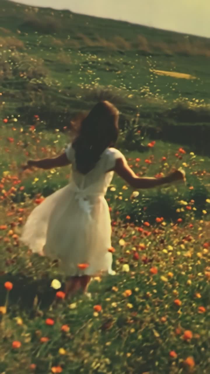 A nostalgic video scene of a woman in a white dress running through a vibrant flower field
