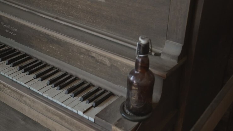Panoramica di un vecchio pianoforte impolverato.
