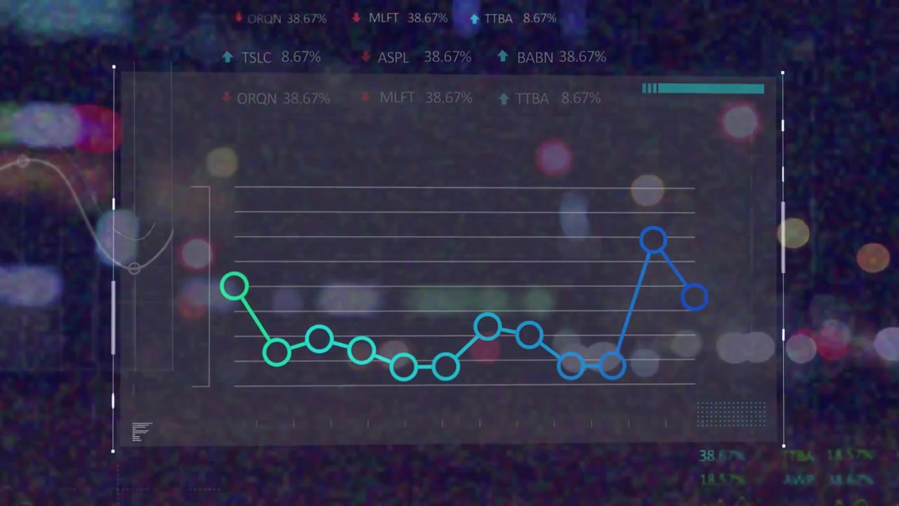 Digital Financial Data Graph Overlay on Blurred City Night Background