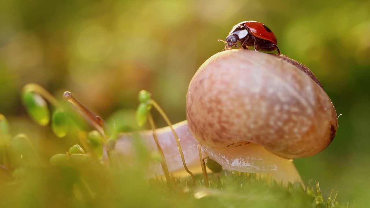 Close-up wildlife of a snail and ladybug in the sunset sunlight.