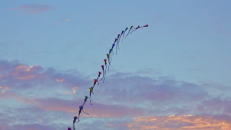 Flying-kites-during-sunset,-waving-on-the-mild-wind-and-forming-swirls,-recreation-and-free-time-concept