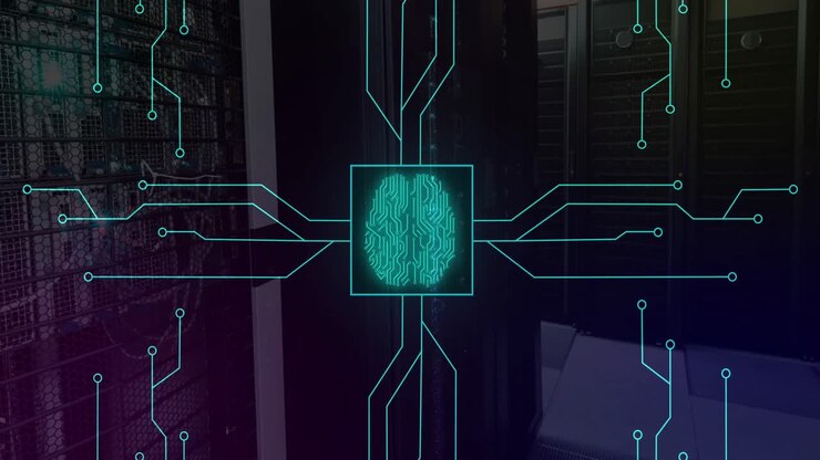 Animation of illuminated circuit board pattern around brain in square over server room