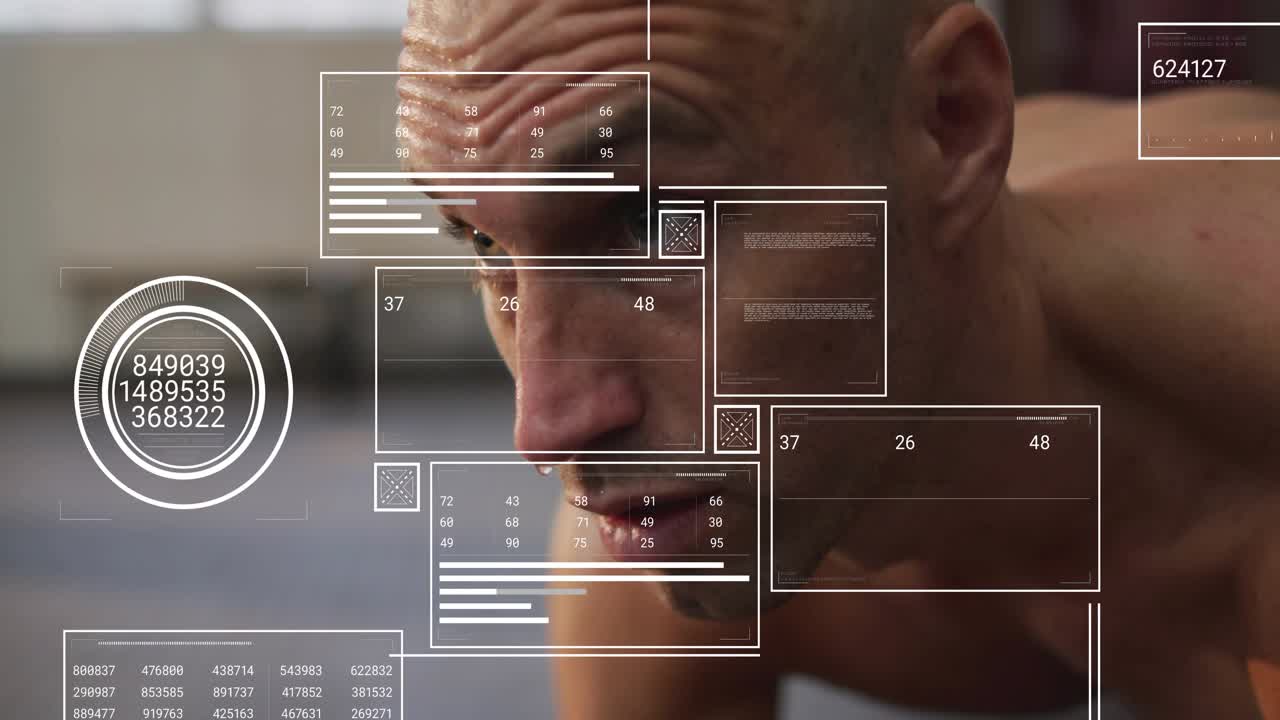 Man doing plank, starting low, lifting head, HUD overlays appearing over face for fitness tracking