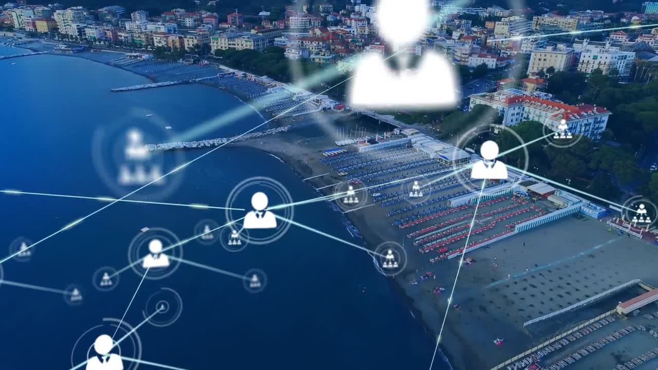 Animation of networks of connections over cityscape