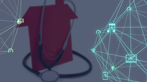 Animation-of-house-and-network-of-connections-with-icons-over-stethoscope