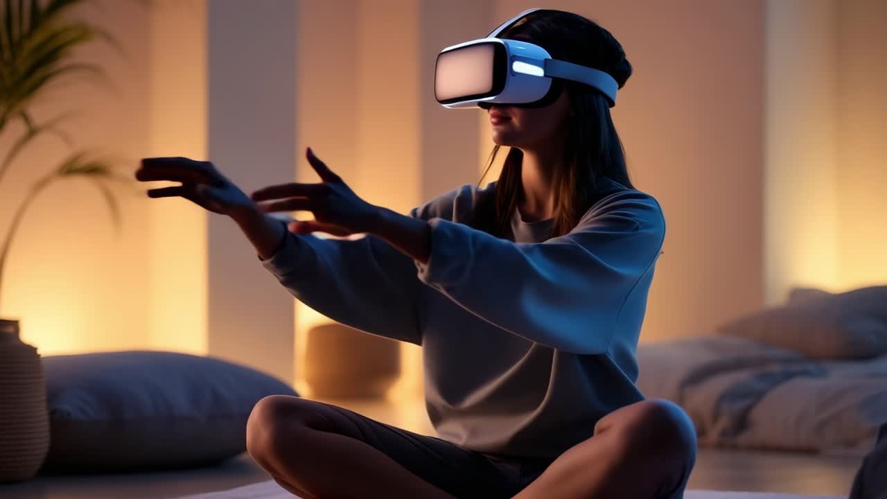 Girl interacting with virtual reality headset sitting on the floor in her bedroom, enjoying augmented reality experience