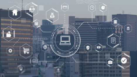 animación de iconos digitales y procesamiento de datos sobre el paisaje urbano