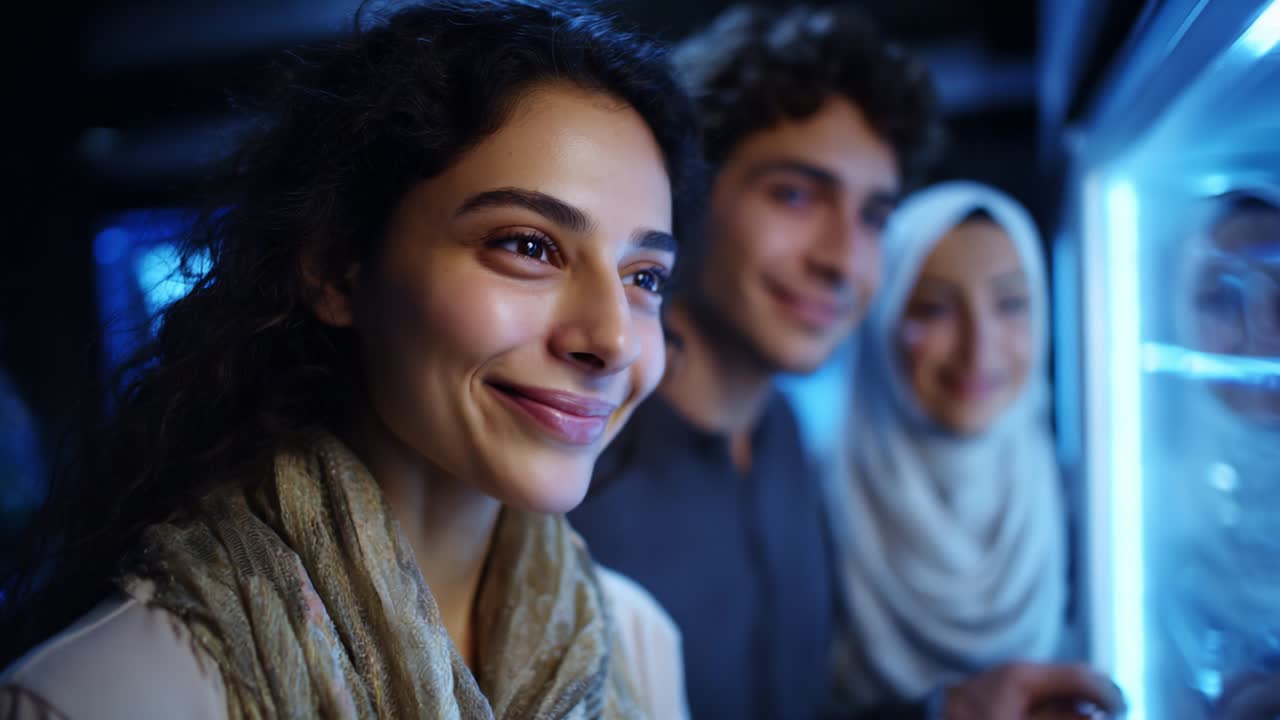 Capturing a Moment of Joy and Connection: Three Friends Share Laughter and Intrigue While Gazing at a Glass Display, Illuminated by Soft Blue Lights in a Cozy Setting