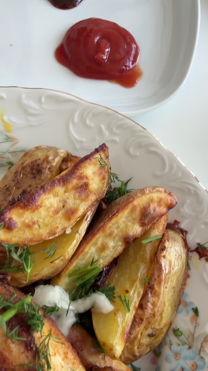 Delizioso pollo arrosto e patate a spicchi serviti con insalata