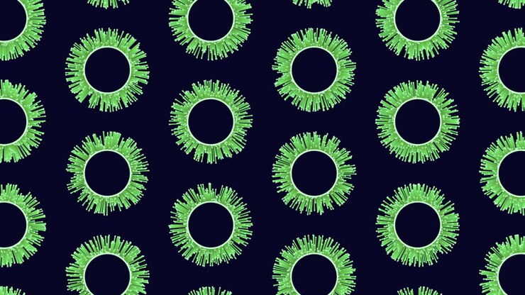 Abstract 3D virus-like particles drifting on a dark blue background, seamless medical and science concept for pandemic, infection, microbiology, and healthcare visuals