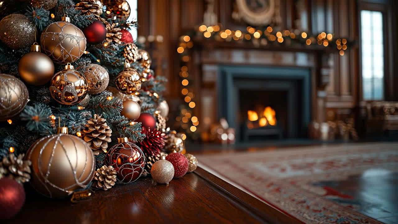 Cozy holiday scene with a decorated tree. A beautifully decorated Christmas tree stands near a warm fireplace, filling the room with festive cheer