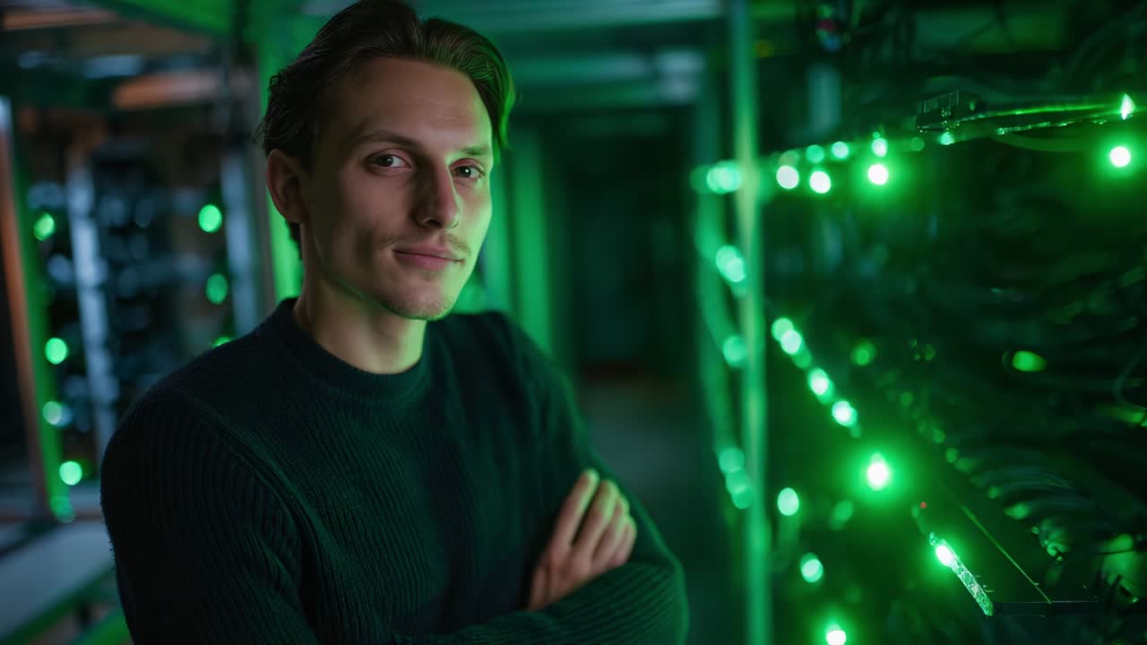 A confident individual stands amidst a backdrop of servers illuminated by vibrant green lights, showcasing a blend of technology and modernity, suggesting expertise in the digital realm and cybersecurity