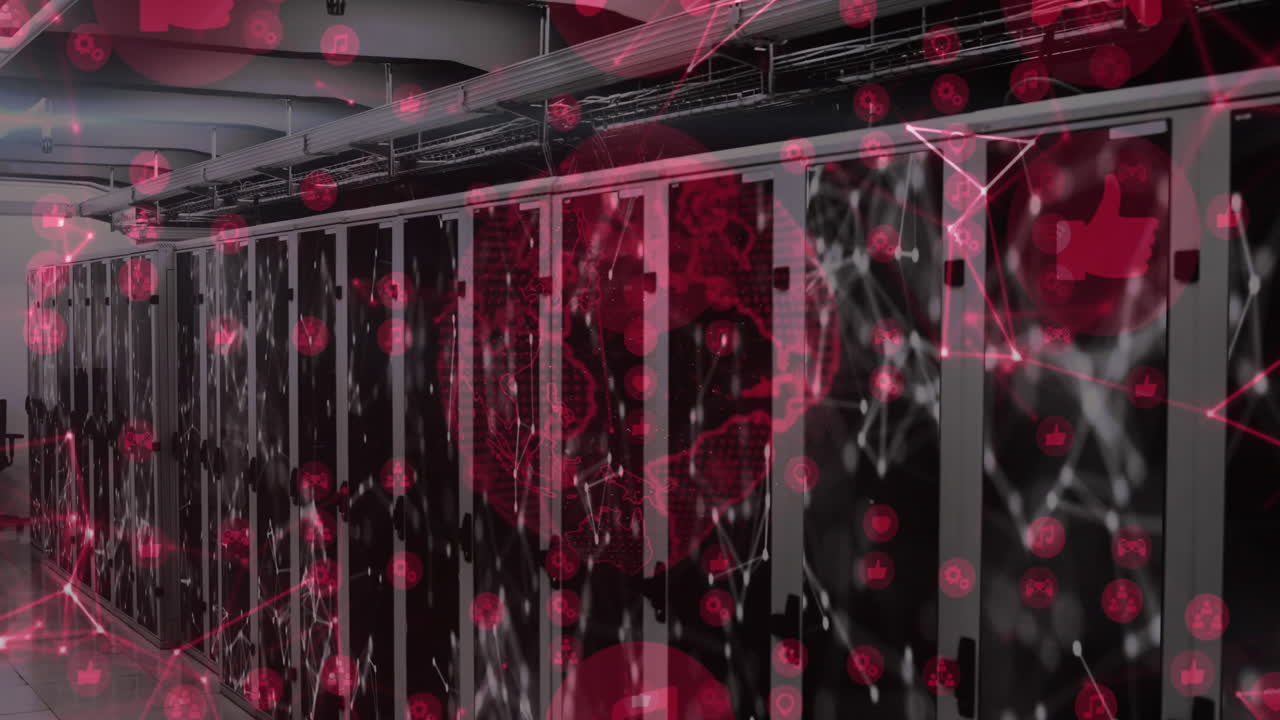 Network connections and data processing animation over server racks in data center