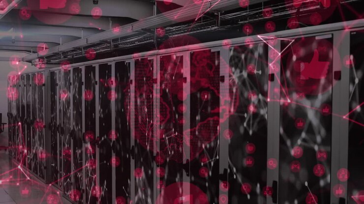 Netværksforbindelser og animation af databehandling over serverracks i et datacenter