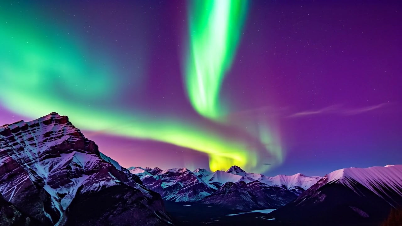 Cortine aurorali cangianti che evolvono su montagne innevate di notte, in risposta al vento solare.