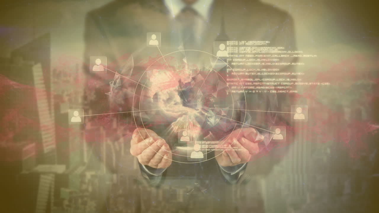 도시를 가로지르는 연결 네트워크와 함께 디지털 글로브를 들고 있는 사업가의 애니메이션