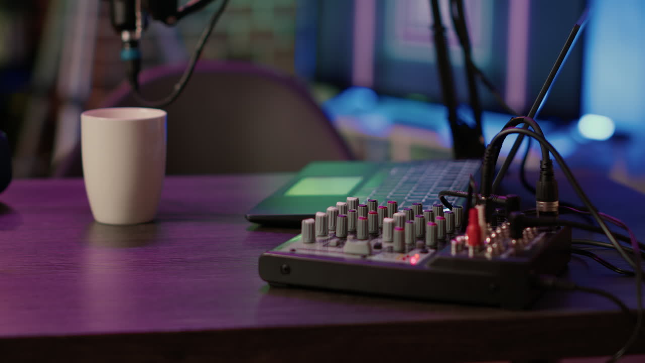Selective focus on laptop keyboard and knobs on audio mixer on podcasting desk