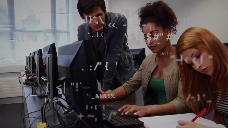 Animation of changing mathematical symbols over team of diverse colleagues working at office
