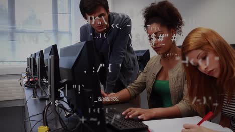 animation of changing mathematical symbols over team of diverse colleagues working at office