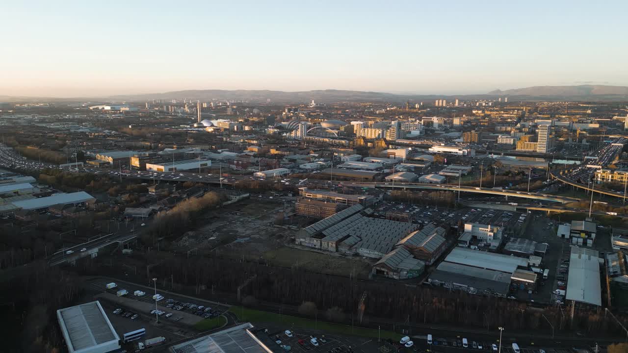 Aerial Flight Towards Glasgow West End, Glasgow Clyde, And Entertainment Venues