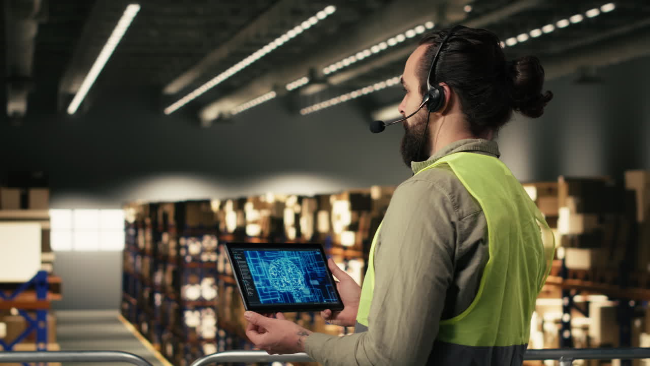 Warehouse Worker Using Tablet with AI Interface and Headset