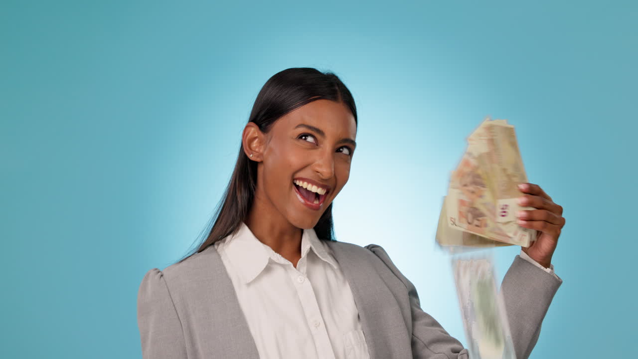 fan de dinero, negocios o mujer feliz con éxito