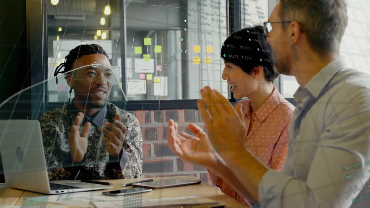 Animation of financial data processing over diverse business people in office