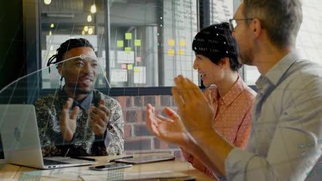 animation of financial data processing over diverse business people in office