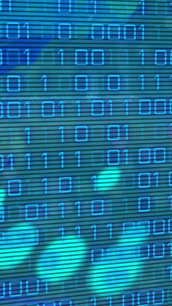Animation of data processing and binary coding over world map on blue background