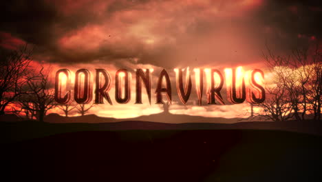 Animation-text-Coronavirus-and-mystical-animation-halloween-background-with-dark-clouds-and-mountains